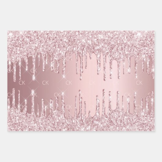 Roze glitter druppelt mousserend monogram stoffig  inpakpapier vel (Voorkant 3)