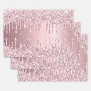 Roze glitter druppelt mousserend monogram stoffig  inpakpapier vel