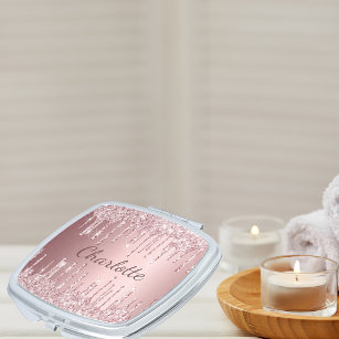 Roze glitter druppelt naam elegante sparkle op handtas spiegeltje