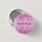 Roze glitter druppelt naamlabel op ronde button 3,2 cm (Voorkant /achterkant)
