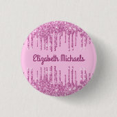Roze glitter druppelt naamlabel op ronde button 3,2 cm (Voorkant)
