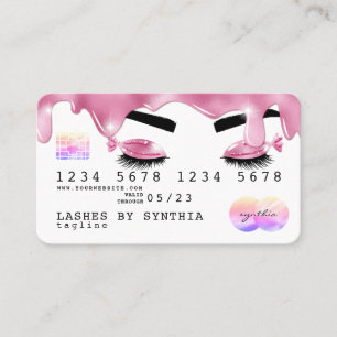 Roze glitter druppelt op creditcardhologram zweeps visitekaartje