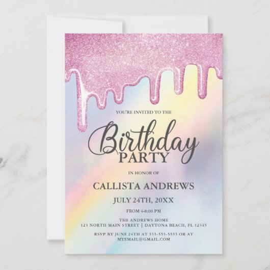 Roze Glitter Druppelt Regenboog Holografische Verj Kaart (Voorkant)