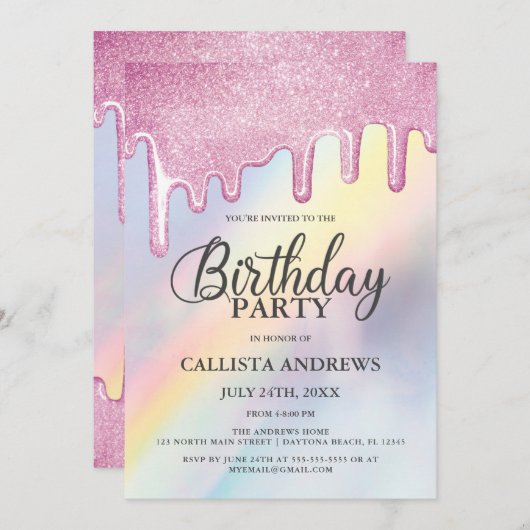 Roze Glitter Druppelt Regenboog Holografische Verj Kaart (Voorkant / Achterkant)