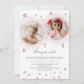 Roze Glitter Dubbele Verjaardag Kinder Foto Kaart (Voorkant)