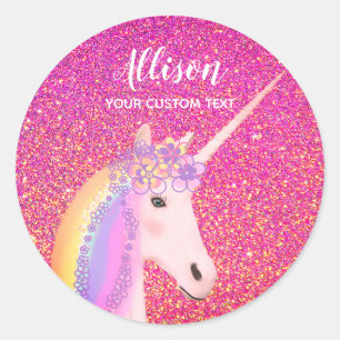 Roze Glitter Eenhoorn Custom Ronde Sticker