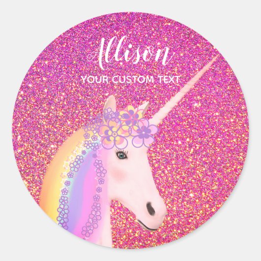 Roze Glitter Eenhoorn Custom Ronde Sticker (Voorkant)