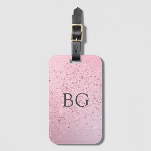 Roze Glitter Effect Monogram Initialen Bagagelabel (Voorkant (verticaal))