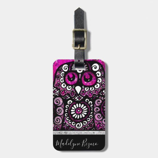 Roze Glitter Elegant Black Girly Travel Bird Owl Bagagelabel (Voorkant verticaal)
