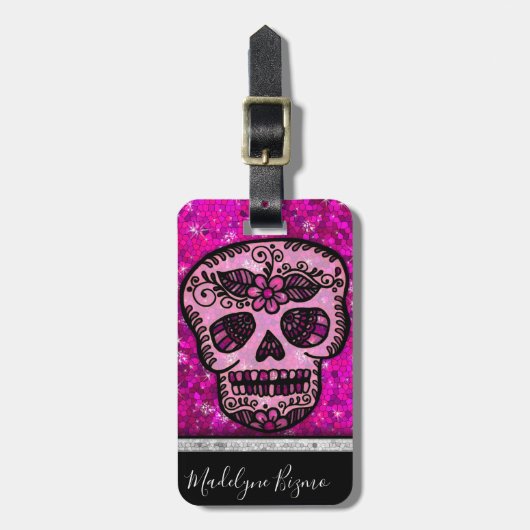 Roze Glitter Elegant Black Skull Travel Monogram Bagagelabel (Voorkant verticaal)
