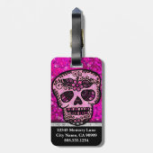Roze Glitter Elegant Black Skull Travel Monogram Bagagelabel (Achterkant verticaal)