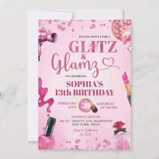 Roze Glitter en Glamz maken verjaardag Kaart (Voorkant)