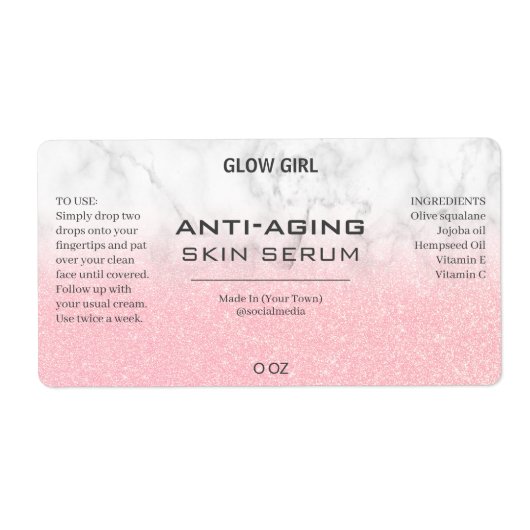 Roze glitter- en marmer-serumetiketten etiket (Voorkant)