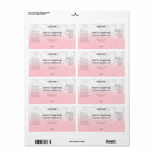 Roze glitter- en marmer-serumetiketten etiket (Full Sheet)
