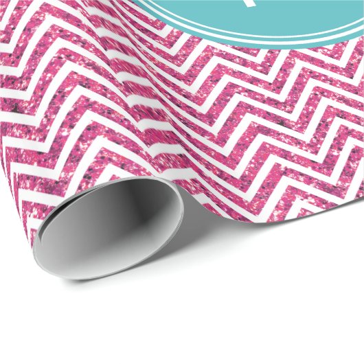 Roze Glitter en Mint Aangepast Monogram Cadeaupapier (Rol Hoek)