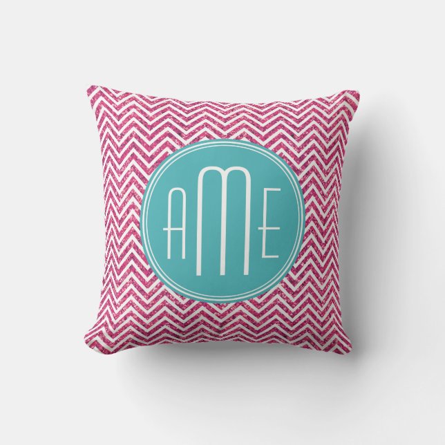 Roze Glitter en Mint Aangepast Monogram Kussen (Voorkant)