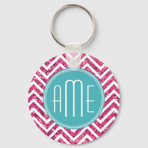Roze Glitter en Mint Aangepaste Monogram Sleutelhanger
