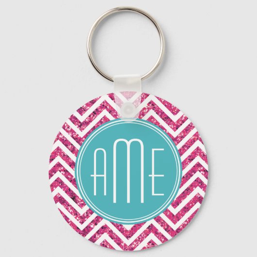 Roze Glitter en Mint Aangepaste Monogram Sleutelhanger (Voorkant)