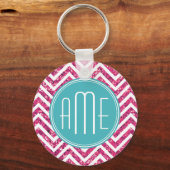Roze Glitter en Mint Aangepaste Monogram Sleutelhanger (Voorkant)
