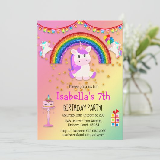 Roze glitter en regenboog Unicorn Birthday Kaart (Staand voorkant)