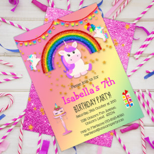 Roze glitter en regenboog Unicorn Birthday Kaart