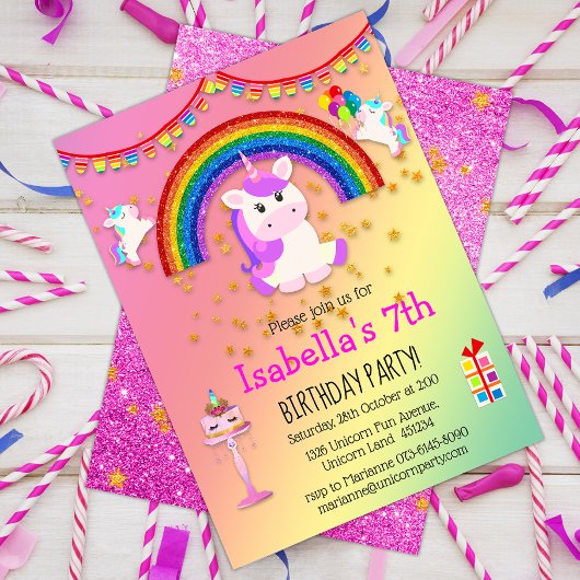 Roze glitter en regenboog Unicorn Birthday Kaart