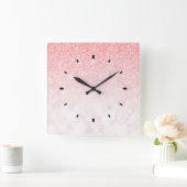 Roze glitter en roos goudmarmer ombre vierkante klok (Huis)