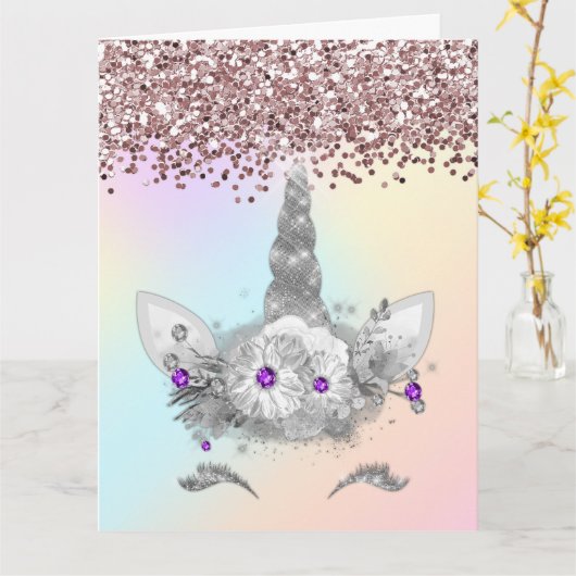 Roze glitter en zilver Unicorn Kaart (Gele Bloem)
