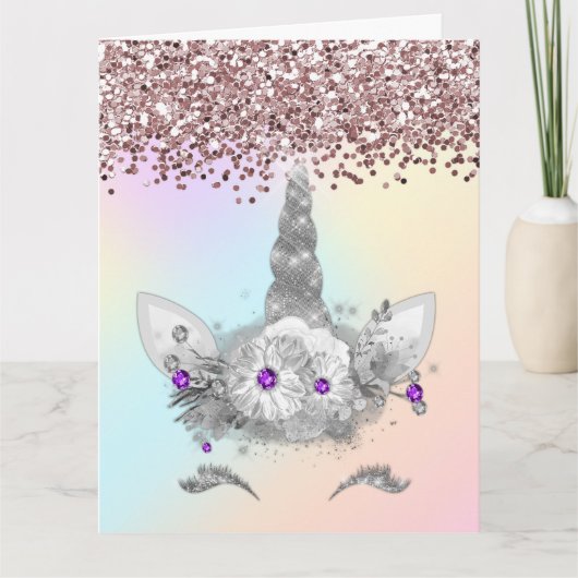 Roze glitter en zilver Unicorn Kaart (Voorkant)