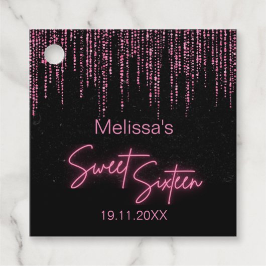Roze Glitter en Zwart Sweet 16 Verjaardag Bedankjes Labels (Voorkant)