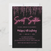 Roze Glitter en Zwart Sweet 16 Verjaardag Kaart (Voorkant)
