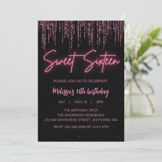 Roze Glitter en Zwart Sweet 16 Verjaardag Kaart (Staand voorkant)