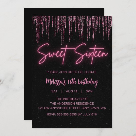 Roze Glitter en Zwart Sweet 16 Verjaardag Kaart (Voorkant / Achterkant)