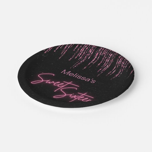 Roze Glitter en Zwart Sweet 16 Verjaardag Papieren Bordje (Gekanteld)