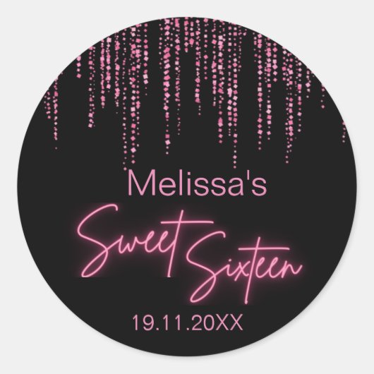 Roze Glitter en Zwart Sweet 16 Verjaardag Ronde Sticker (Voorkant)