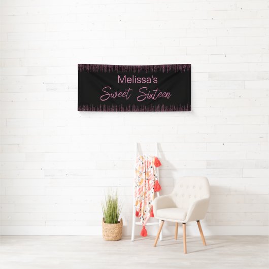 Roze Glitter en Zwart Sweet 16 Verjaardag Spandoek (Insitu)