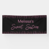 Roze Glitter en Zwart Sweet 16 Verjaardag Spandoek (Horizontaal)