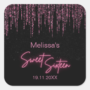 Roze Glitter en Zwart Sweet 16 Verjaardag Sticker