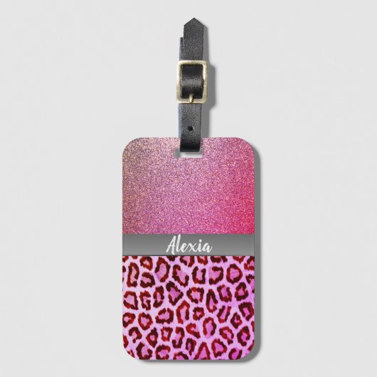 Roze Glitter Exotic Leopard Print Bagagelabel (Voorkant (verticaal))