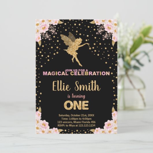 Roze Glitter Fairy Verjaardag Uitnodigingen (Staand voorkant)