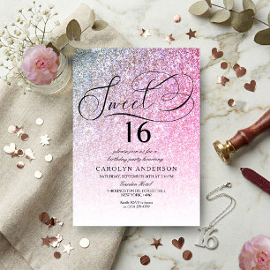Roze Glitter Fantasie Script Sweet 16 Verjaardagsf Kaart