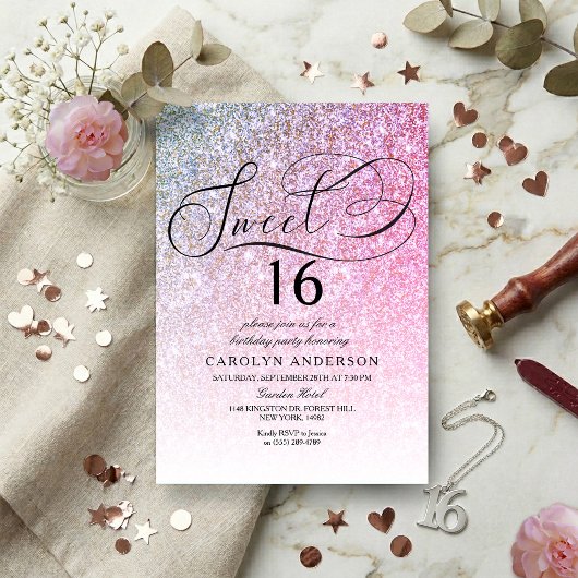Roze Glitter Fantasie Script Sweet 16 Verjaardagsf Kaart