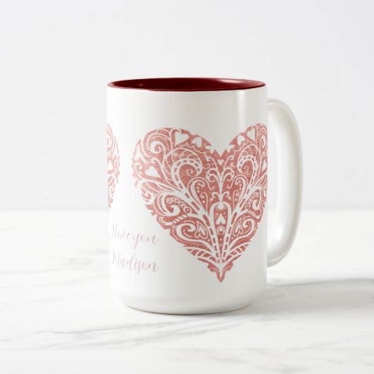 Roze Glitter Filigree Mok Valentijn op maat (Voorkant rechts)