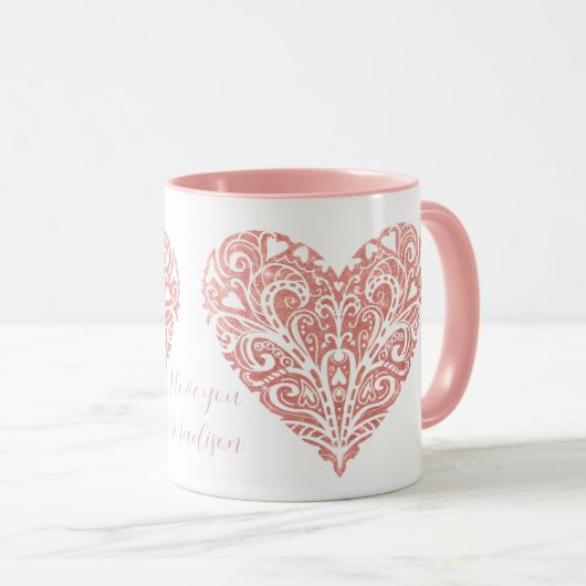 Roze Glitter Filigree Mok Valentijn op maat (Voorkant rechts)