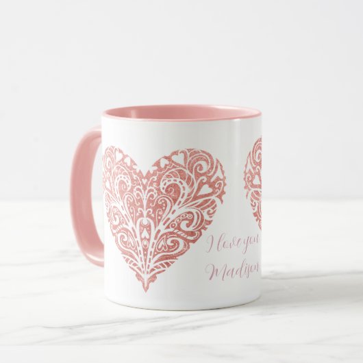 Roze Glitter Filigree Mok Valentijn op maat (Voorkant links)
