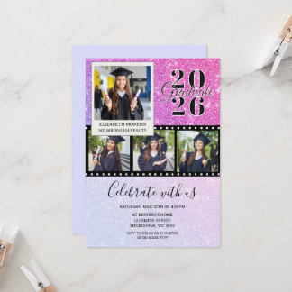 Roze Glitter Filmstrook Afstudeerfoto Kaart