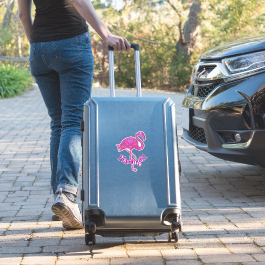 Roze glitter flamingo - aanpasbare tekst sticker (Koffer Insitu)