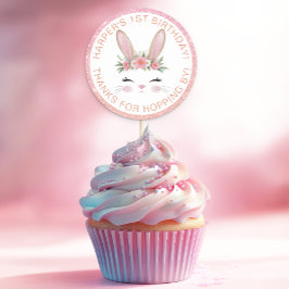 Roze Glitter Floral Bunny 1e Verjaardag Party Favo Ronde Sticker