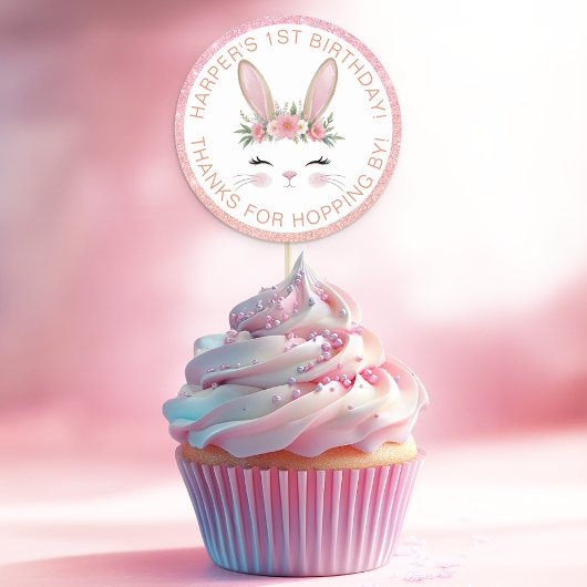 Roze Glitter Floral Bunny 1e Verjaardag Party Favo Ronde Sticker