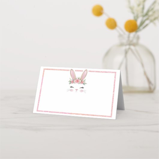 Roze Glitter Floral Bunny Verjaardag Plaats Kaarte Plaatskaartje (Voorkant)